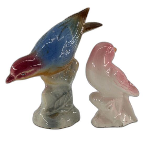 Vintage Porcelain Blue 5" H x 5"D x 1 1/2" W  Pink Bird 2 1/4"x 3 1/4"x 1 1/2" W - Picture 2 of 6